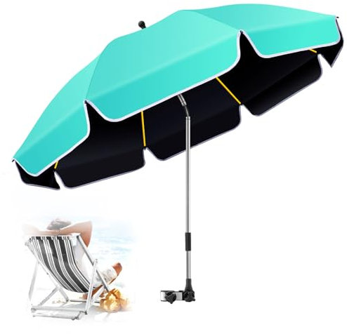 QTREE intelligence 48.8 inch Large Beach Umbrella with Clamp Sun Shade for Beach Chair, 360°Adjustable UV Protection Golf Umbrella with Clip for Outdoor Patio Stroller Wheelchair