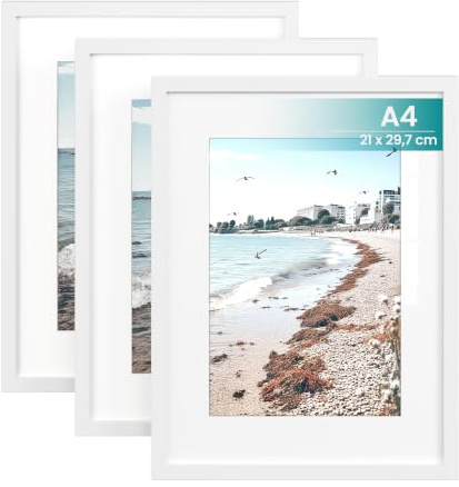 SONGMICS Bilderrahmen, 3er Set, A4, 21 x 29,7 cm, Fotocollage, Kunstrahmen | MDF-Rahmen, spurlose Wandhaken, aufhängen, aufstellen, weiß, KAVI Kollektion RPF056WZ01