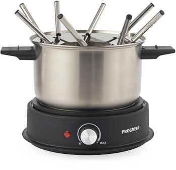 Progress Apparecchio per fonduta elettrico, 1,5 L, 1500 W | Pentola rimovibile in acciaio inox da 20 cm, 8 forchette inox, temperatura regolabile, spie luminose