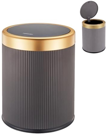 12L Bathroom Bin, Round Bedroom Bins with Press Top Lid, Wastbasket Garbage Trash Can Dog Proof Dustbin for Toilet Bathroom Bedroom Living Room Office Kitchen Household School (Grey)