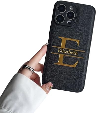 Casebox Personalisierte iPhone-Hülle, individuell geprägtes Monogramm mit Namen, Leder-Handyhülle für iPhone 17, 16, 15, 14, 13, 12, 11 Pro Max, Initialen, Gravur, Geschenkidee
