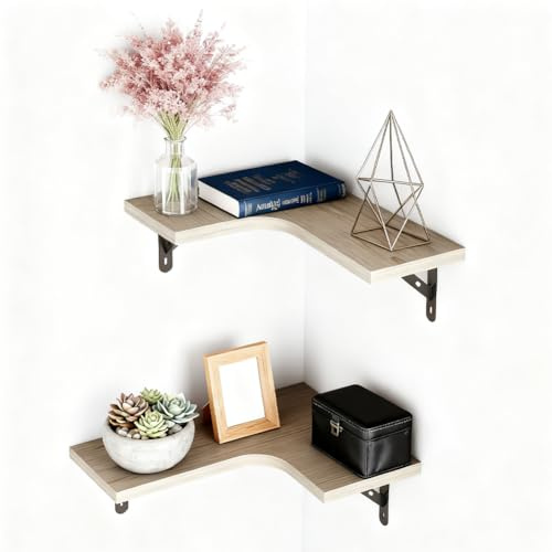 2er Set Wandregal, L-förmige Eckregal, Schwebende Eckregale, Eck-WandregalS Wandregal Holz, Regale für Wandaufbewahrung, Wandhalterung Holzdisplay Regal für Wohnzimmer Schlafzimmer Küche (Naturholz)