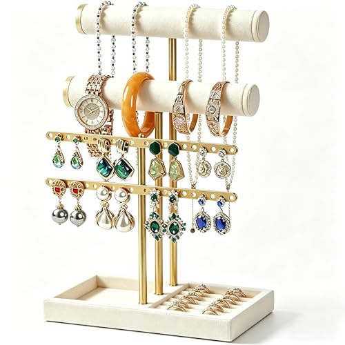 ZSOPN Schmuck Organizer 3 Etagen Schmuckständer Gold mit Lederner Armbandhalter Abnehmbarer T-Steg Schmuck Ständer, Samt-Armbandhalter, Schmuckhalter für Armband, Halskette, Uhren, Ringe