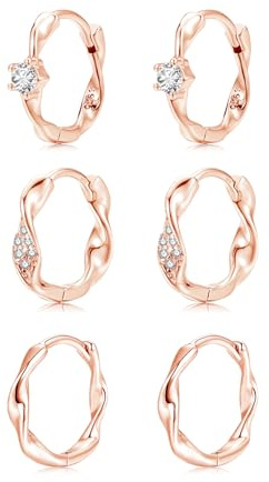Estrellique Silver Hoops Earrings for Women, 3 Pairs 925 Sterling Silver Twisted Huggie Hoop Earrings Set with Cubic Zircon, Hypoallergenic Cartilage Silver Sleeper Earrings for Multiple Piercing