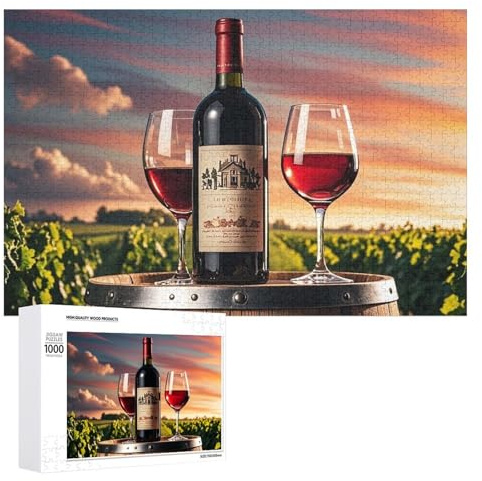 Wooden Wine Barrel on Wine Bottle Jigsaw Puzzle 1000 PCS Challenging Fun Puzzles Wooden Jigsaw Puzzles for Adults Families