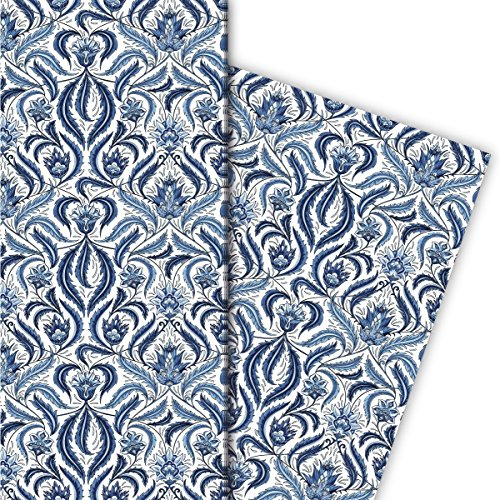 Kartenkaufrausch Vintage Geschenkpapier Set 4 Bogen mit klassischem Paisley Muster, blau, für schöne Geschenk Verpackung, Designpapier, scrapbooking 32 x 48cm