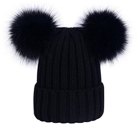 LAUSONS Berretti invernali da donna cappelli in maglia berretto a coste con doppio pompon in pelliccia sintetica rimovibile Noir