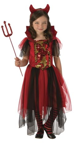 Rubies Teufelshexenkostüm für Mädchen, Teufelshexenkleid mit glitzernden Details und Haarreif mit Hörnern, Halloween, Karneval, Geburtstag und Weihnachten