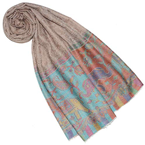 Lorenzo Cana Luxus Pashmina Schal Schaltuch 100% Kaschmir Kaschmirschal Kaschmirtuch Damenschal Gewebt Mehrfarbig, Elefantenmuster-beige-pastelltöne, 70 x 200 cm