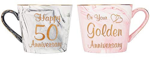Happy Homewares Beautifully Designed 50th Anniversary Grey and Pink Marble 12oz Ceramic Mugs with Golden Metal Trim