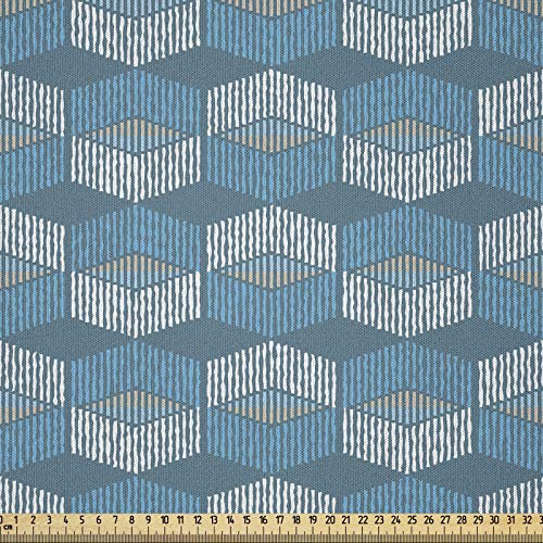 ABAKUHAUS Retro Stoff als Meterware, Ikat-Art-Muster, Microfaser Stoff für Dekoratives Basteln, 1M (230x100cm), Blau Taupe Weiß