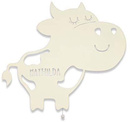 hellomini Personalisierbares LED-Nachtlicht mit Name für Kinder & Babys | Holz-Wandlampe | Schlummerlicht mit Motivwahl – Geschenk zur Geburt & Taufe (Klara die Kuh)