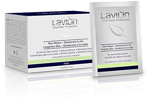 LAVILIN Underarm Deodorant Wipes for Men - 10 Pk of Individually Wrapped Long Lasting Wipes - On The Go/Travel/Freshen-Up Protection from BO | Alcohol, Paraben and Aluminum Free | Cruelty-Free