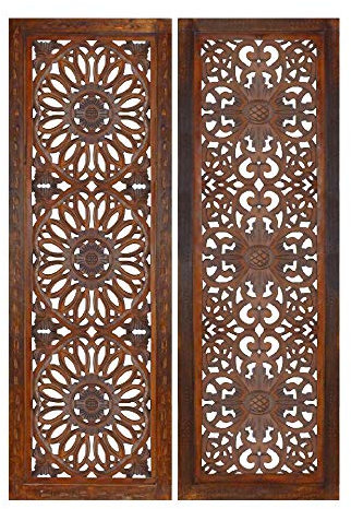 Benjara Wandpaneel aus Mangoholz, handgefertigt, mit aufwendigen Details, Weiß Rectangle Burnt Brown