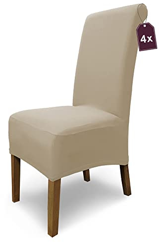 Scheffler Home Stuhlhussen Emma Cottina Beige 4er Set – Elastische waschbare Stuhlbezüge aus Baumwolle – Stuhlabdeckungen für Hochlehner Esszimmerstühle – Öko-Tex Zertifiziert
