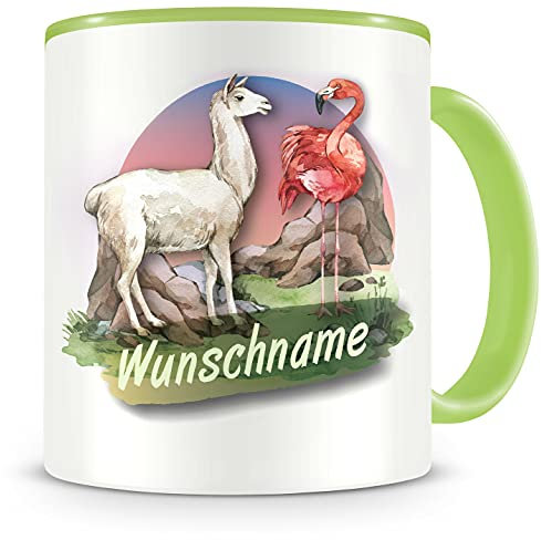 Samunshi® Kindertasse mit Namen Tasse Alpaka und Flamingo Personalisierte Tasse mit Namen Kinder Kinderbecher mit Namen Kindergarten grün 300ml