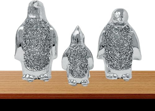 Silver Crushed Diamonds Sparkle Penguin Ornaments - Set of 3 CRYSTALLIZED Penguins with Display - Romany Glitter Figurine Shelf Sitter Heart Home Decoration