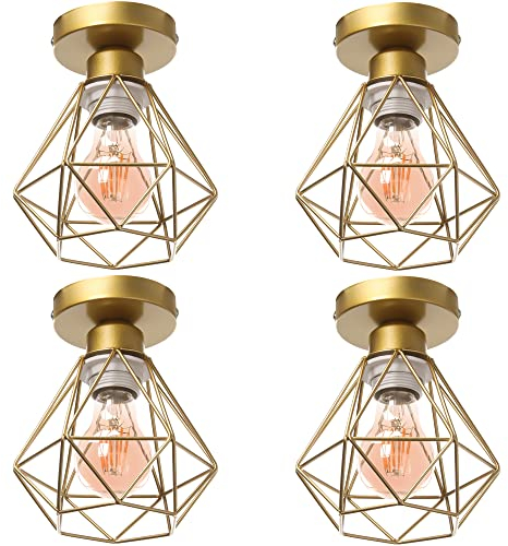 TOKIUS Retro Deckenlampe 16CM Vintage Deckenleuchte im Industrial Design Geometrisch Lampenschirm E27 Lampe aus Eisen Käfig Pendelleuchte Gold (4 Stücke)
