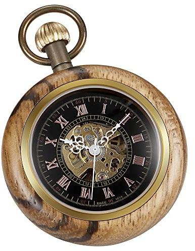 Tiong Taschenuhr aus Holz, mechanisch, Steampunk, elegant, Kupfer, offenes Zifferblatt, Herren-Taschenuhren mit Kettenbox, beste Geschenke, Braun und Schwarz, Retro