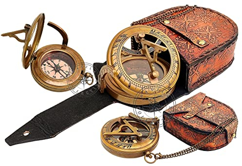 Hanzla Collection Sonnenuhr mit Ledergehäuse, antikes Finish, Kupfer-Zifferblatt, Kompass und Sonnenuhr, handgefertigt, Steampunk-Accessoire
