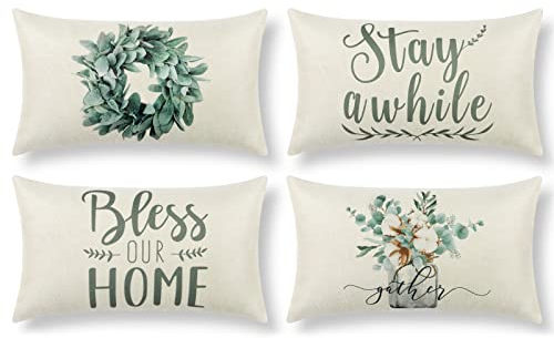 Dremisland 4er Set Outdoor Kissenbezüge 30x50cm Eukalyptus Kranz Vase Dekorative Kissenbezüge Leinen Grün Pflanze Kissenhülle Sofa Sommer Dekokissen Sofakissen Cafe Garten Haus Dekoration