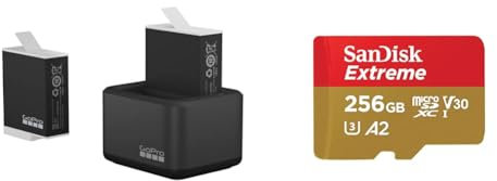 GoPro Dual-Akkuladegerät + 2 Enduro-Akkus & SanDisk Extreme microSDXC UHS-I Speicherkarte 256 GB + Adapter (Für Smartphones, Actionkameras und Drohnen, A2, C10, V30, U3, 190 MB/s, RescuePRO Deluxe)