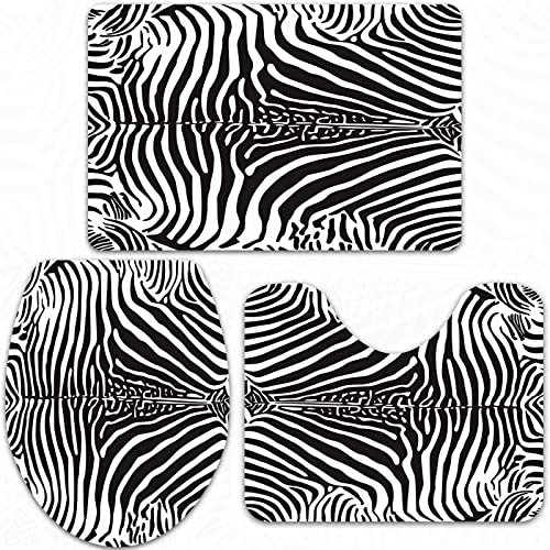 URSOPET Badteppich-Set 3-teilige, rutschfeste,Abstraktes Zebra-Muster Schwarzweiss-wildes Tierhaut-Pelz-Afrikaner,rutschfeste Badematte, U-förmiger Konturteppich und Toilettendeckel