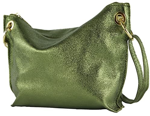 modamoda de - T243 - ital. Umhängetasche Klein Small aus Leder, Farbe:Olivgrün-Metallic