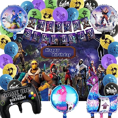 SWOKKTS Gaming Party Geburtstag Deko, Fortnit Gamer Geburtstagsdeko Set, Videospiel Geburtstag Luftballons für Junge Kindergeburtstag Deko, Play Geburtstagsbanner Folienballon und Hintergrund