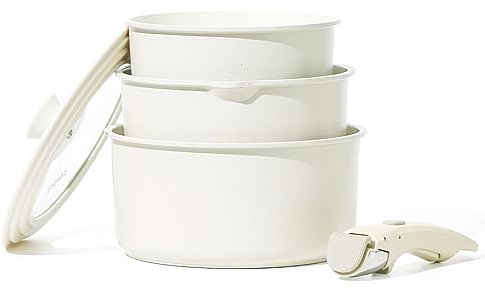 CAROTE Nonstick Saucepan with Lid, Non Stick Sauce Pot with Detachable Handle, Milk Pan for Induction, Gas and Electric Hobs, Small Cooking Pot with Pour Spout Oven Safe (White Granite,18&20&22cm)