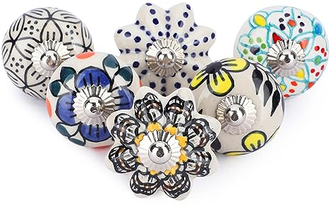 Ajuny Ceramic Knobs Multicolor Hand Painted Cupboard Door Drawer and Furniture Pulls for Kitchen Cabinets Bathroom Dresser Glossy Decorative Handles Knobs Set of 6