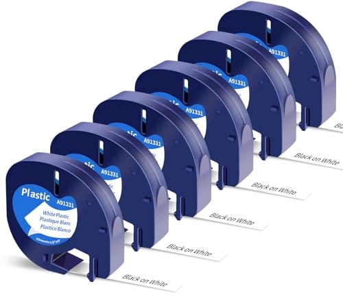 Plastic White 12mm x 4m Etikettenband Kompatibel mit Dymo Letratag Etikettenband a91221 Kompatibel mit Dymo LetraTag LT-100H,200B,XR,LT-110T,QX50,2000,XM Wasserfest UV BeständigEtikettenband 6er-Pack