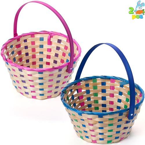 JOYIN 2 cestas de bambú a cuadros de Pascua, azul y rosa, cesta de regalo vacía tejida redonda con asa plegable para caza de huevos de Pascua, golosinas de fiesta para niños, picnic y recuerdos