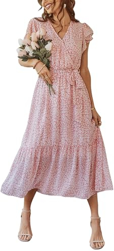Awemeal Kleid Damen Sommer Elegant V-Ausschnitt Kurzarm Lang Sommerkleid Boho Blumenkleid mit Gürtel Rüschen Saum Wickelkleid Strandkleid A Linie Fließend Maxikleid （XL, Blume Rosa）