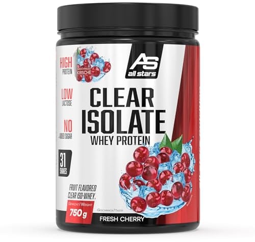 ALL STARS Clear Isolate Whey Protein (750g, Fresh Cherry) – Whey Isolate Protein Pulver für einen erfrischenden Protein-Shake – Kalorienarmer Clear Iso Whey Eiweiß-Drink ohne Zuckerzusatz