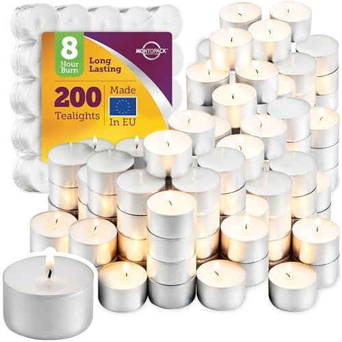 MontoPack Unscented White Tealight Candles Bulk [200] | 8 Hours of Smokeless, Dripless, Long Lasting Burning Paraffin Tea Lights | Small Votive Mini Candles for Home, Shabbat, Weddings & Emergencies