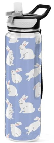 Mnsruu Cute White Rabbits Cartoon Style Hare Sports Water Bottles, BPA Free Tritan Plastic Drinks Bottle with Straw