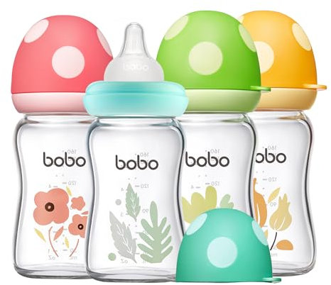 YOHKOH Natural Response Weithals-Babyflasche aus Glas, Anti-Kolik Baby Glas Flaschen mit Ultraweiches Silikon-Sauger, für Neugeborene Babys (Mehrfarbig, 160ml (4er Pack))