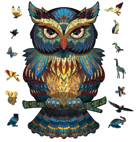 Holzsammlung Bunte Eule Holzpuzzle Einzigartige Tierform Puzzleteile, Magisches Holzpuzzles für Erwachsene und Kinder, Wooden Puzzle Spielzeug mit Geschenkbox für Dekoration (24.5x40.3cm, 300 Teile)