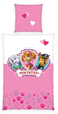Herding Bettwäsche Paw Patrol, Kopfkissenbezug ca. 80 x 80 cm, Bettbezug ca. 135 x 200 cm, mit praktischer Knopfleiste, 100% Baumwolle, Pink