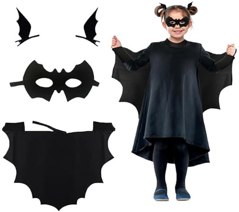 BOOSHMall Déguisement Chauve Souris Enfant, Cape d'Halloween, Costume Avec Masque Noir Et Pinces à Cheveux, Pour Halloween Cosplay Party, 110