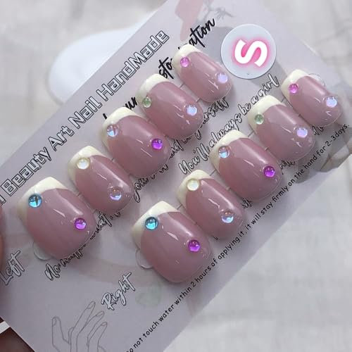 Pure Handmade Nails Press on Nail Reusable Fake Nails Short Nude Pink Yellow Colorful Beads Cute Stick on Nails French Tip False Nails 10pcs (S, Q017B)