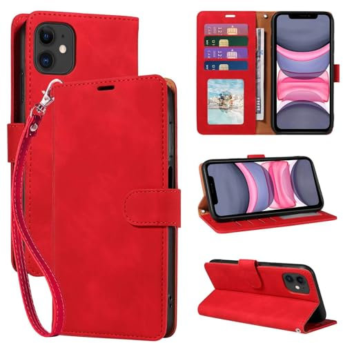 GOTOURED Red Wallet Phone Case for iPhone 11, RFID Blocking 4 Card Slots, Wrist Strap, Kickstand, Magnetic Closure, Shockproof Protective, Soft Leather Flip Cover Case