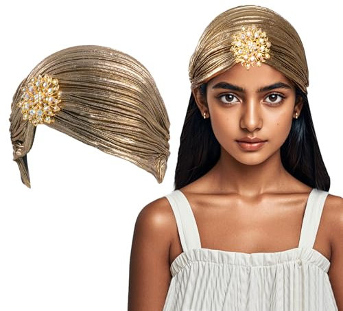 Lufdegim Turban Damen Hut mit Abnehmbarer Kristall Brosche 1920s Fasching Hut Damen Vintage Turban Elastische Kopf Wraps Gatsby Kostüm Accessoires (Dunkelgoldene)