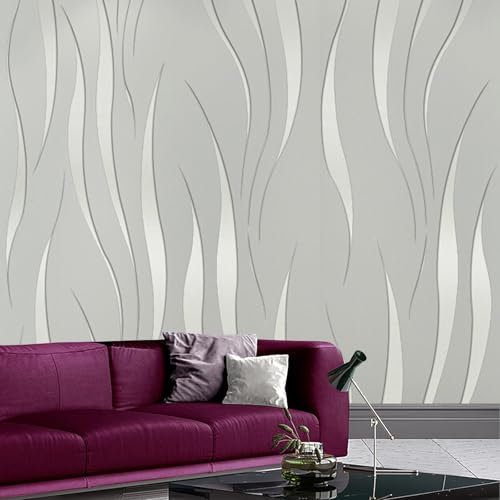 Beswitory 5Roll Embossed Wallpaper Wave Stripes Roll 3D Silver Glitter Wallpaper Feature Modern Geometric Patterned Taupe for Adults Kids Bedroom Living Room Hallway Stairs Lounge