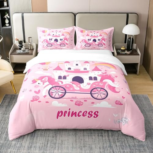 Fairy Theme 100% Natürliche Baumwolle Bettbezug 135x200,Rosa Regenbogen Schloss Tröster Abdeckung,Prinzessin Kutsche Bettbezug,Cartoon Nette Pferd Bettwäsche Set