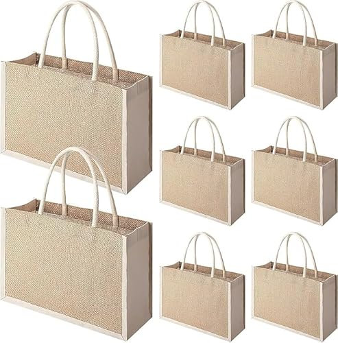 Lot de 8 Sacs en Toile de Jute Multi-Usages Pour Shopping, Provisions, Pique-nique, Voyage, Plage - Cadeau pour Femme