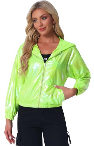 Allegra K Damen Bluson Langarm Metallic Jacke Holographic Party Reißverschluss Kapuzenjacke Leuchtendes Grün XL