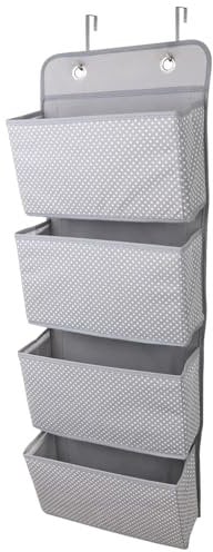 Wellong Over the Door Storage Hanging Organiser, 4 Shelf Hanging Wardrobe Storage Organiser with 4 Large Capacity Pockets, Heavy-Duty Behind Door Organizer for Bedroom, Bathroom, Kitchen (Dot Gray)