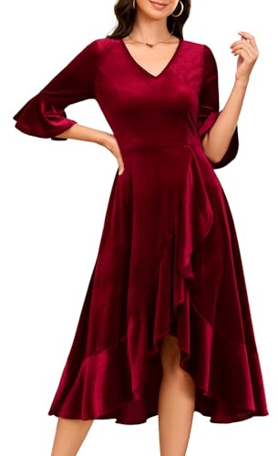 HomRain Vestido de invitada de boda para mujer, elegante vestido formal de cóctel con mangas acampanadas para graduación, fiesta de té, Terciopelo rojo oscuro, S